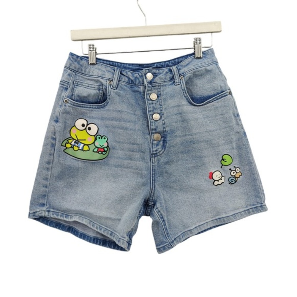 Sanrio Keroppi Women Kawaii Hello Kitty Cute Denim Shorts 9 Button Fly High Rise - Picture 1 of 15